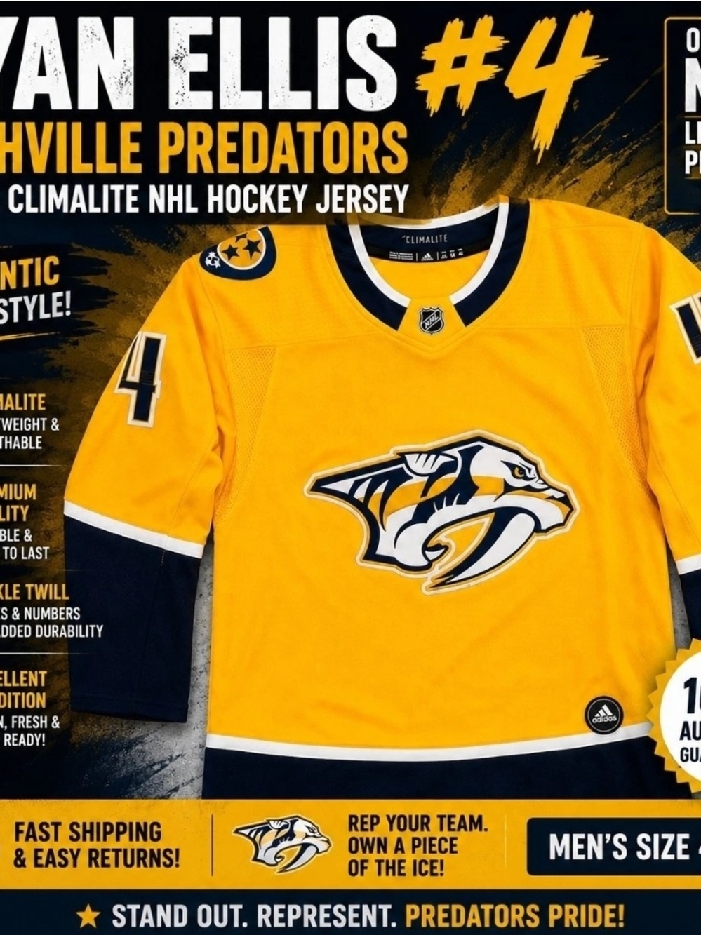 adidas Predators Gold and Navy #4 Hockey Jersey